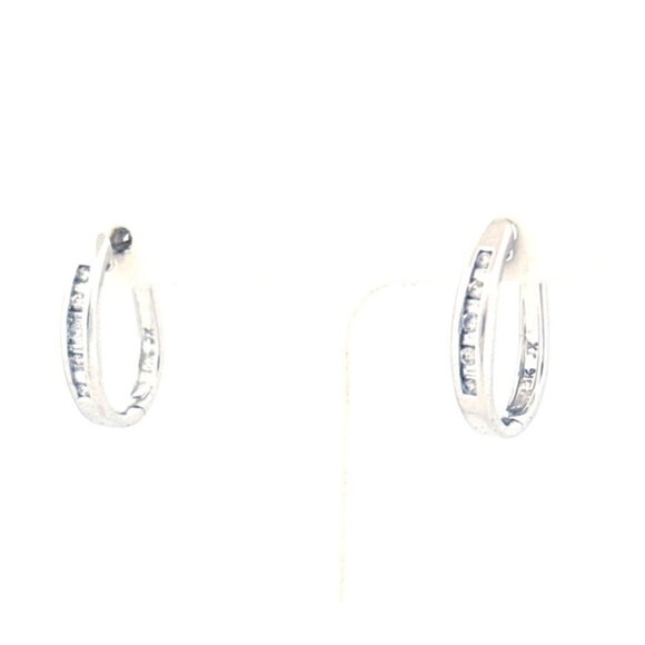 Estate 14k White Gold Channel Set Diamond Hoop Earrings, Small Size Hinged Snap - Picture 9 of 15